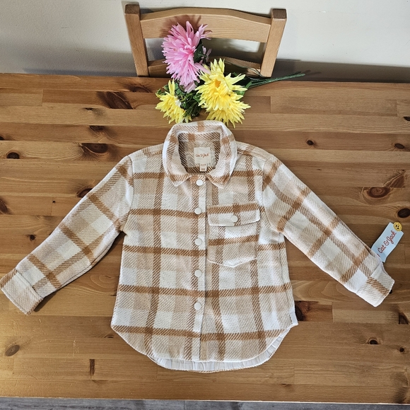 Cat & Jack - Girls' Plaid Button-Front Long Sleeve Shacket - Beige Plaid - Picture 8 of 13